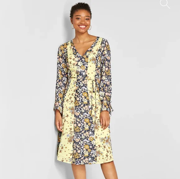 Modcloth | Dresses | Modcloth Unique Persona Yellow Navy Butterfly Floral  Print Chiffon Midi Dress | Poshmark